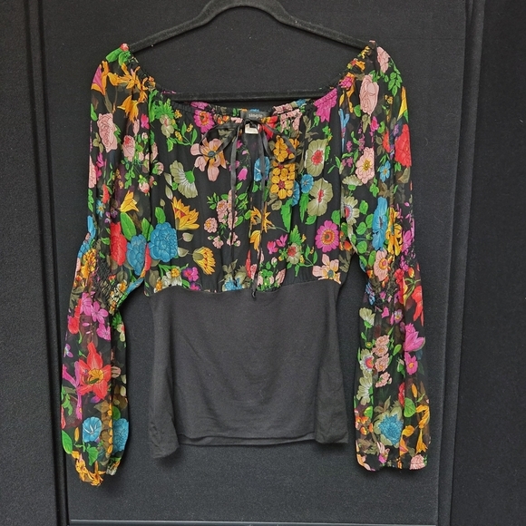 Single Tops - Floral Blouse - Boho Romantic Size Small Black Multicolor Silk Vibrant Colorful